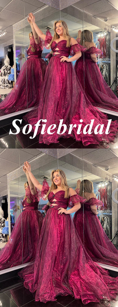 Sexy Organza Sweetheart Side Slit A-Line Long Prom Dresses, PD0950