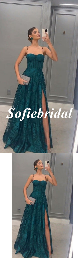 Sexy Tulle And Lace Sleeveless Side-Slit A-Line Long Prom Dresses, PD0959