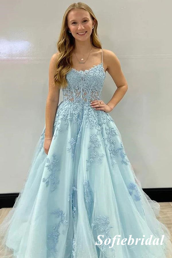 Sexy Tulle And Lace Spaghetti Straps Lace Up Back A-Line Long Formal Prom Dresses, PD0916