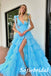 Sexy Blue Tulle Spaghetti Straps V-Neck Sleeveless Side Slit A-Line Floor Length Prom Dress, PD01059