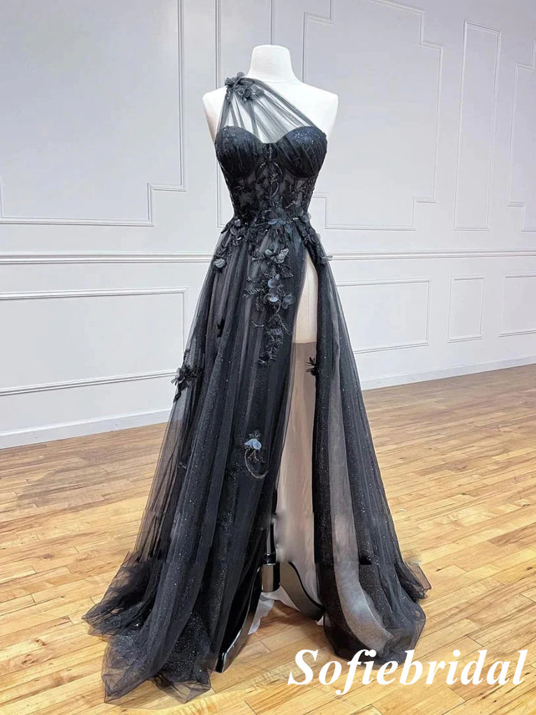 Sexy Tulle One Shoulder Sleeveless Side Slit A-Line Long Prom Dresses With Applique, PD0925