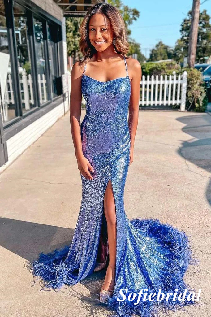 Sexy Sequin Spaghetti Straps Sleeveless Lace Up Back Side Slit Mermaid Long Prom Dresses, PD0914