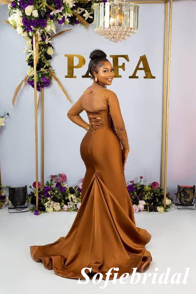 Sexy Soft Satin And Tulle Long Sleeves Floor-Length Mermaid Maxi Mermaid Bridesmaid Dresses, SFWG00618