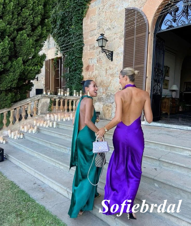 Sexy Soft Satin Halter Sleeveless Mermaid Long Prom Dresses, PD01005