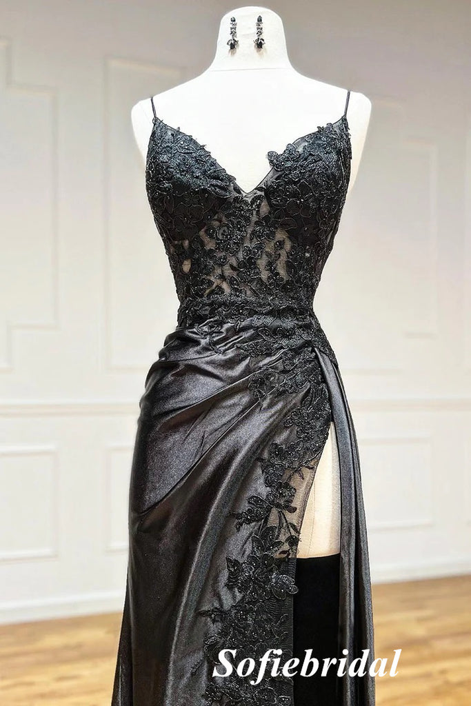 Sexy Satin And Lace Spaghetti Straps V-Neck Sleeveless Side Slit Mermaid Long Prom Dresses, PD0909