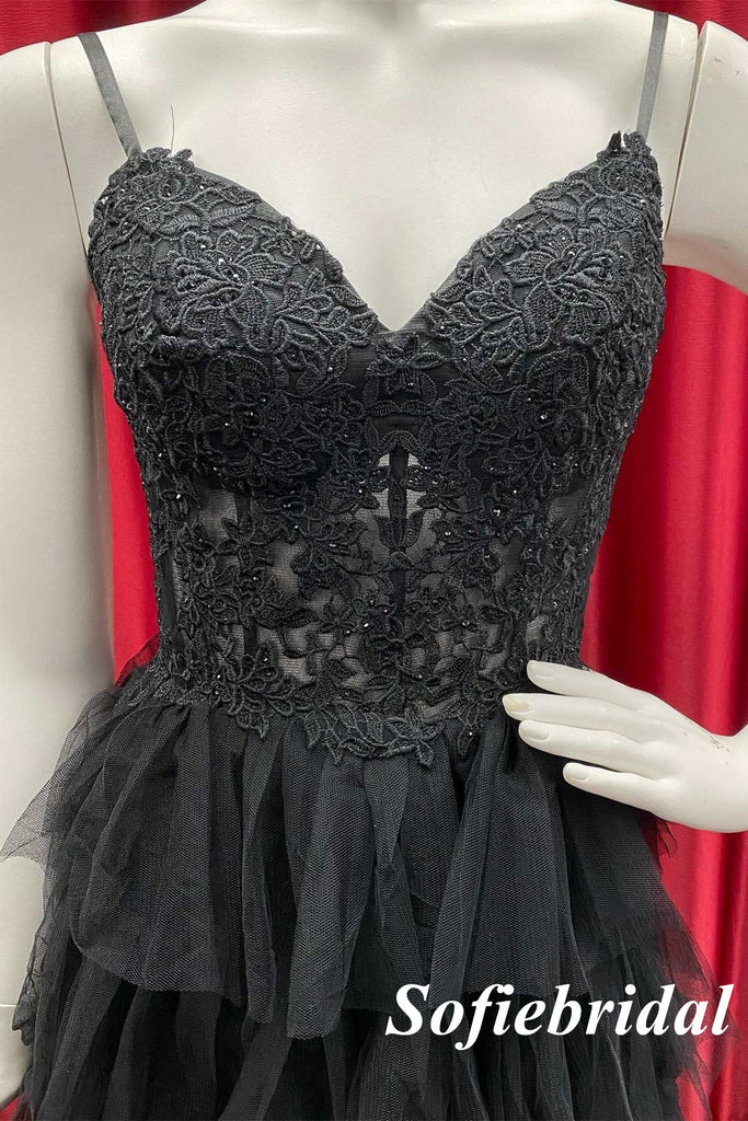 Sexy Black Tulle And Lace Spaghetti Straps V-Neck A-Line Long Prom Dresses, PD0940