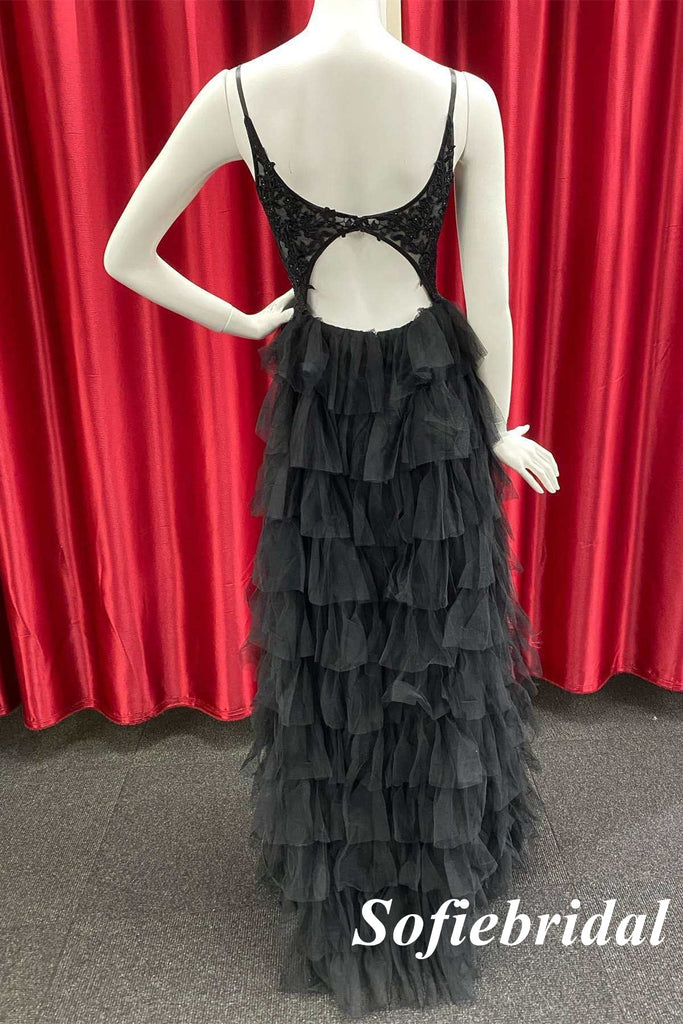 Sexy Black Tulle And Lace Spaghetti Straps V-Neck A-Line Long Prom Dresses, PD0940