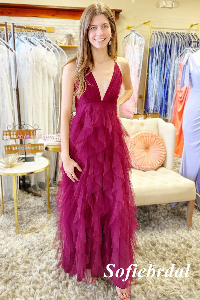 Sexy Tule Spaghetti Straps V-Neck Sleeveless Criss-Cross A-Line Long Prom Dresses, PD01009