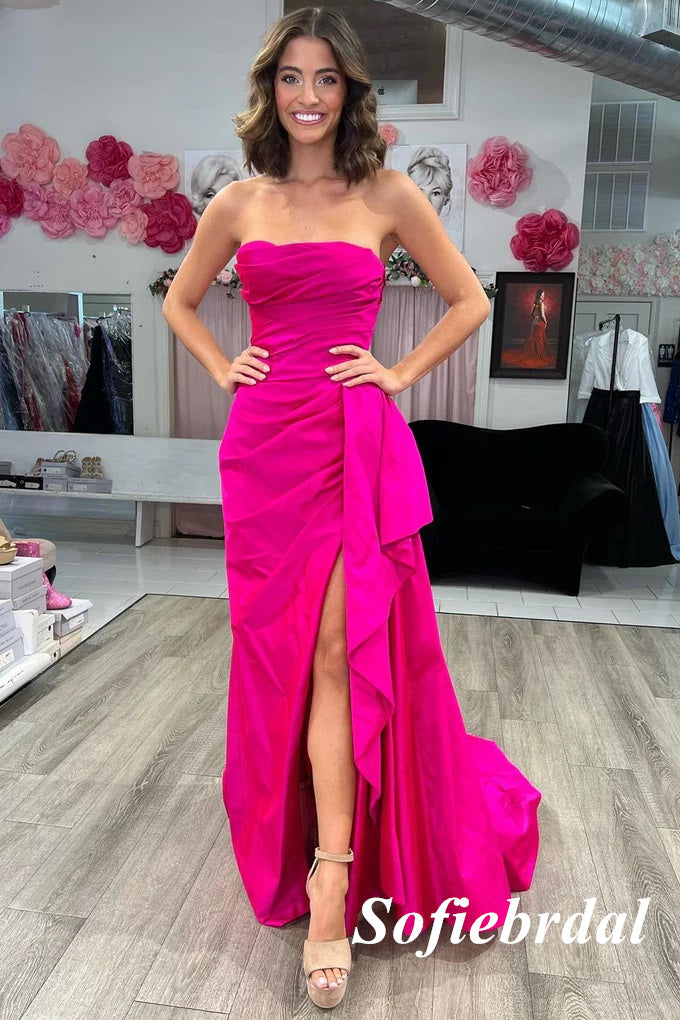 Sexy Fuchsia Pink Soft Satin Sweetheart Sleeveless Side Slit Mermaid Long Prom Dresses, PD01007