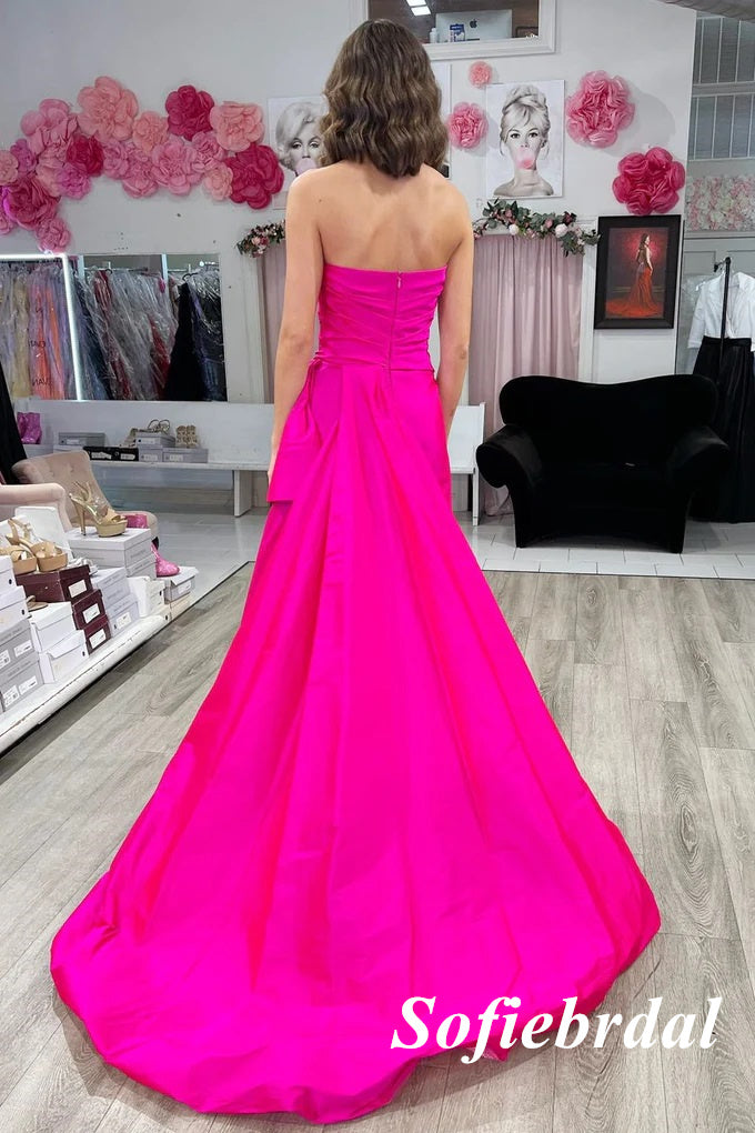 Sexy Fuchsia Pink Soft Satin Sweetheart Sleeveless Side Slit Mermaid Long Prom Dresses, PD01007