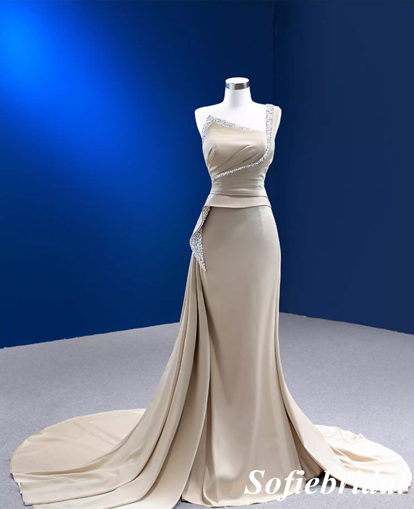 Sexy Soft Satin One Shoulder Sleeveless Mermaid Long Dress Prom Dress With Beading, PD01121