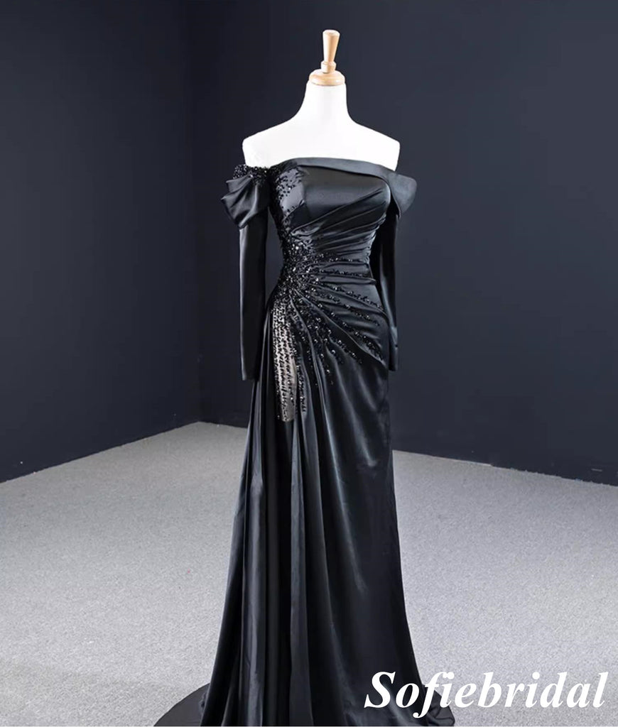 Sexy Black Soft Satin Off Shoulder Long Sleeves Mermaid Long Dress Prom Dress With Beading, PD01118