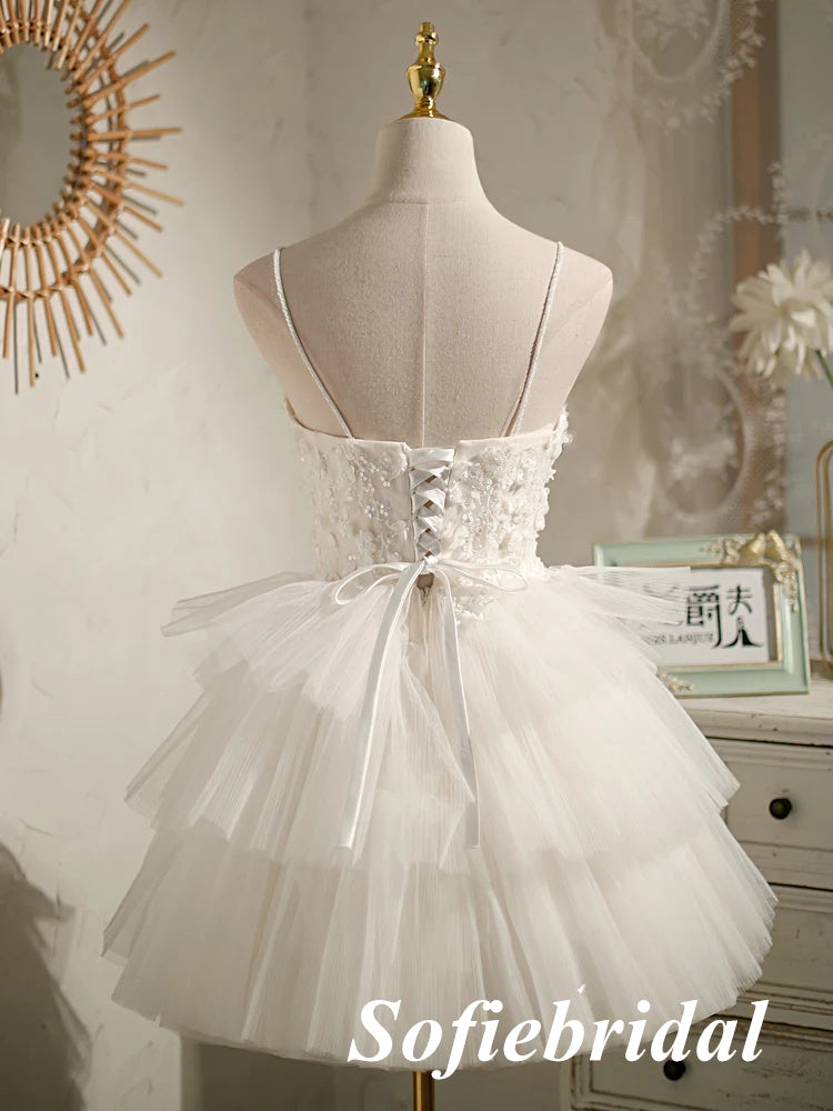 Sexy White Tulle Spaghetti Straps V-Neck A-Line Mini Dresses/ Homecoming Dresses With Beading, HD0257