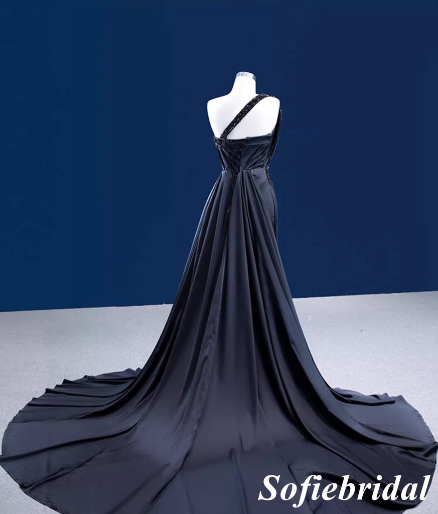 Sexy Black Soft Satin One Shoulder Sleeveless Side Slit Mermaid Long Dress Prom Dress With Beading, PD01119