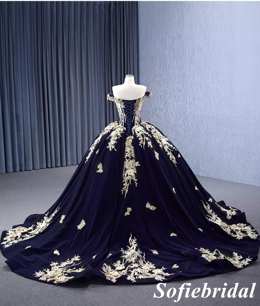 Elegant Off Shoulder Sleeveless A-Line Long Dress Prom Dress With Appliques, PD01114