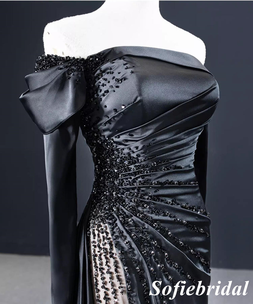 Sexy Black Soft Satin Off Shoulder Long Sleeves Mermaid Long Dress Prom Dress With Beading, PD01118