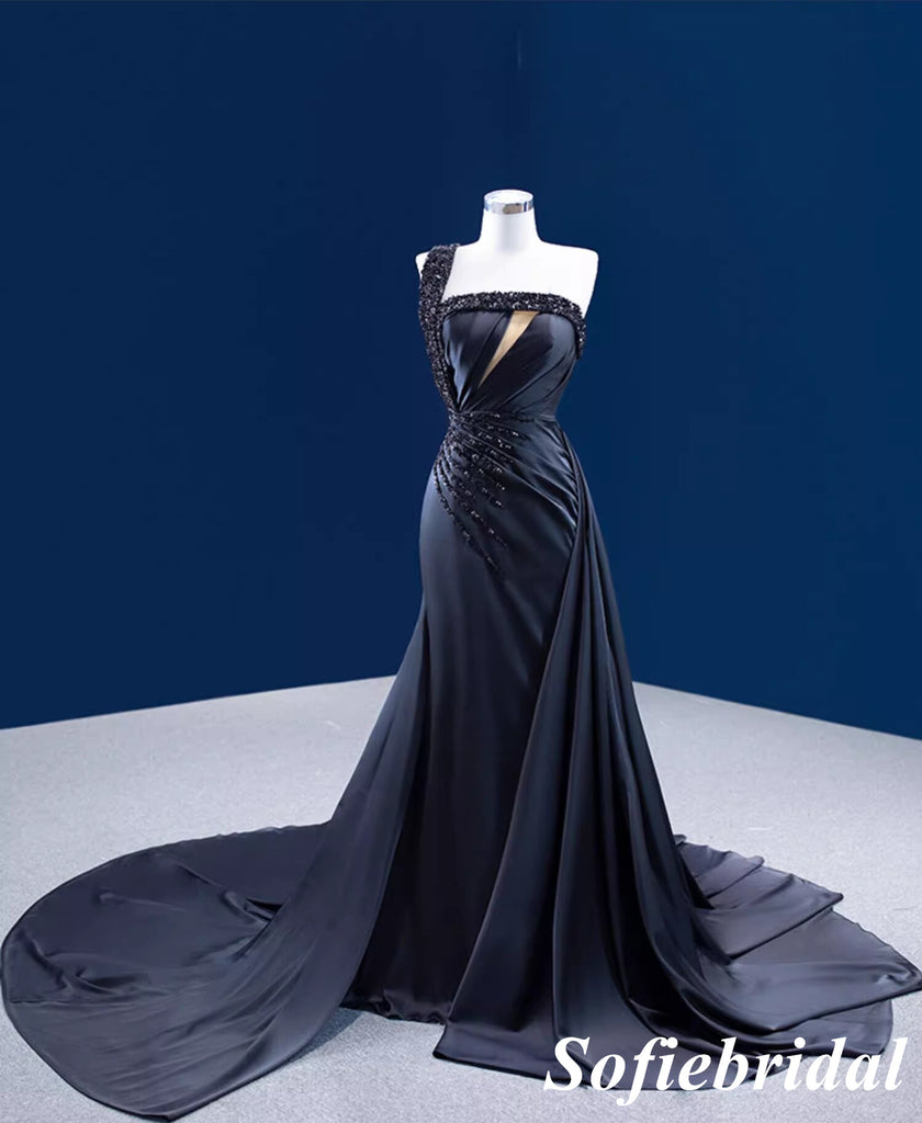 Sexy Black Soft Satin One Shoulder Sleeveless Side Slit Mermaid Long Dress Prom Dress With Beading, PD01119