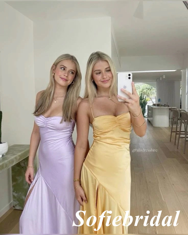 Sexy Soft Satin Spaghetti Straps Sleeveless Side Slit Mermaid Floor Length Prom Dress, PD01063