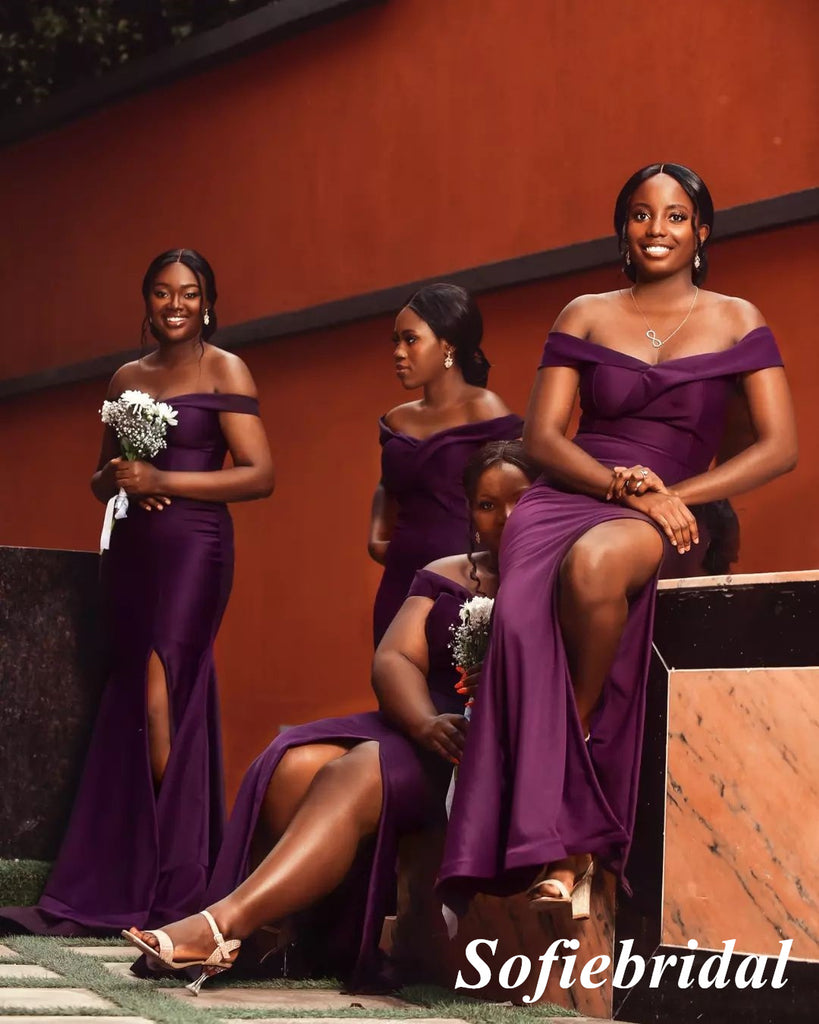 Sexy Orchid Soft Satin Off Shoulder V-Neck Sleeveless Side Slit Mermaid Floor Length Bridesmaid Dresses, SFWG00548