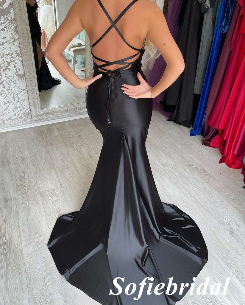 Sexy Black Soft Satin Spaghetti Straps V-Neck Sleeveless Side-Slit Mermaid Long Prom Dresses, PD0955