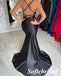 Sexy Black Soft Satin Spaghetti Straps V-Neck Sleeveless Side-Slit Mermaid Long Prom Dresses, PD0955