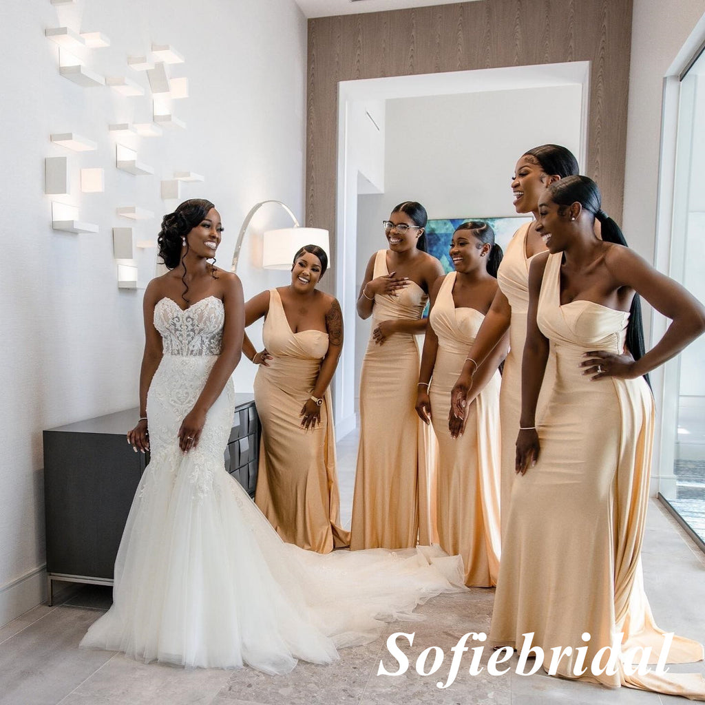 Sexy Soft Satin One Shoulder Mermaid Floor Length Bridesmaid Dresses With Train, SFWG00568