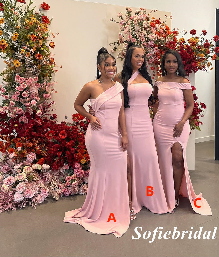 Sexy Jersey Mismatched Sleeveless Side Slit Mermaid Floor Length Bridesmaid Dresses, SFWG00513