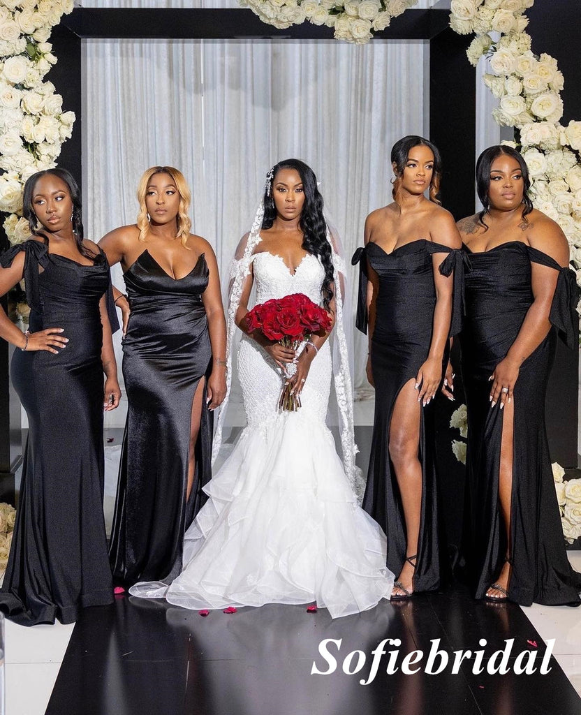 Mismatched Black Soft Satin Side Slit Mermaid Floor Length Bridesmaid Dresses, SFWG00569