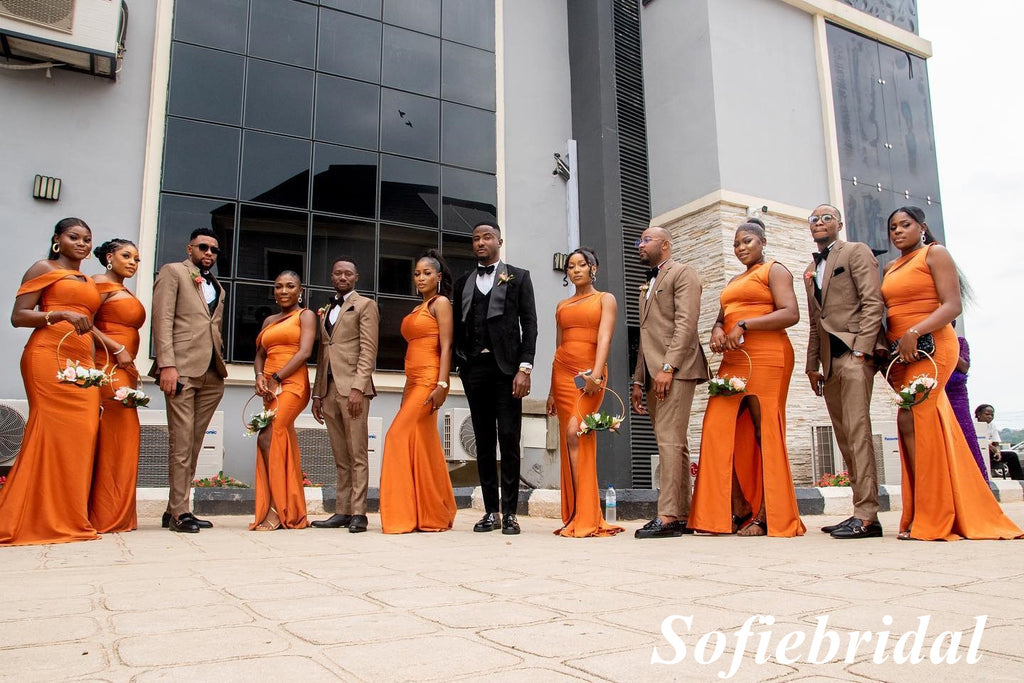 Sexy Mismatched Burnt Orange Soft Satin Mermaid Floor Length Bridesmaid Dresses, SFWG00532