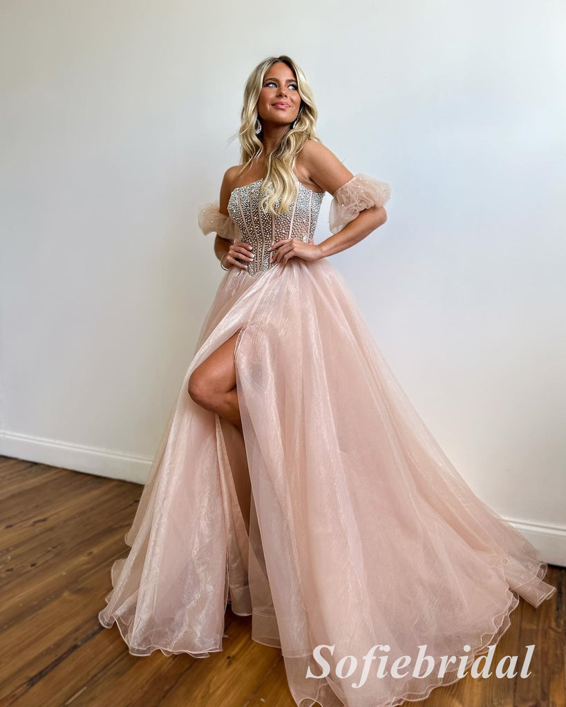 Sexy Special Fabric Sweetheart Sleeveless Side Slit A-Line Long Prom Dresses, PD0903