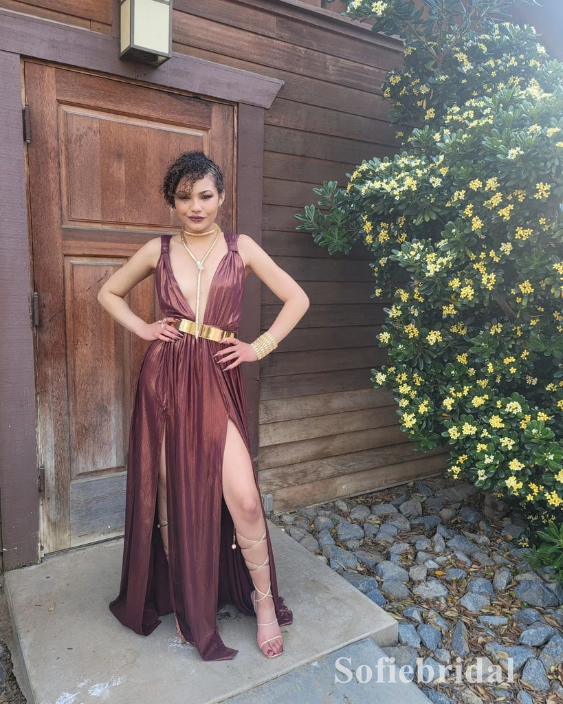 Sexy Special fabric Spaghetti Straps Deep V-Neck Sleeveless Long Prom Dresses With Split, PD0898