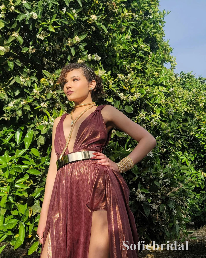 Sexy Special fabric Spaghetti Straps Deep V-Neck Sleeveless Long Prom Dresses With Split, PD0898