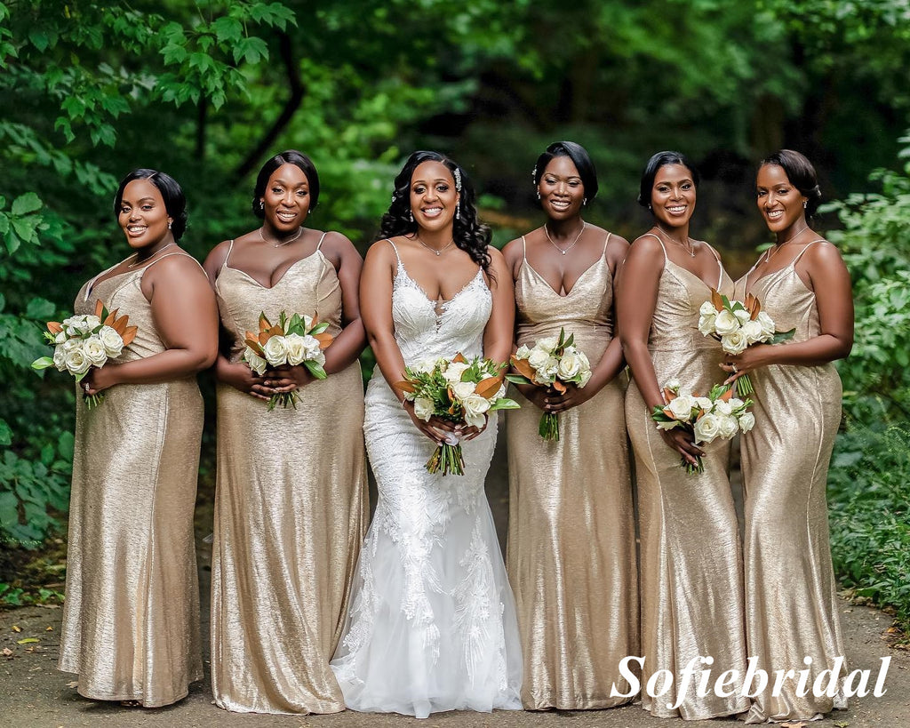 Sexy Shiny Special Fabric Spaghetti Straps V-Neck Sleeveless Mermaid Floor Length Bridesmaid Dresses, SFWG00540