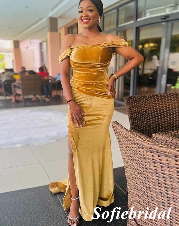Elegant Velvet Off Shoulder Sleeveless Side Slit Mermaid Floor Length Bridesmaid Dresses, SFWG00545