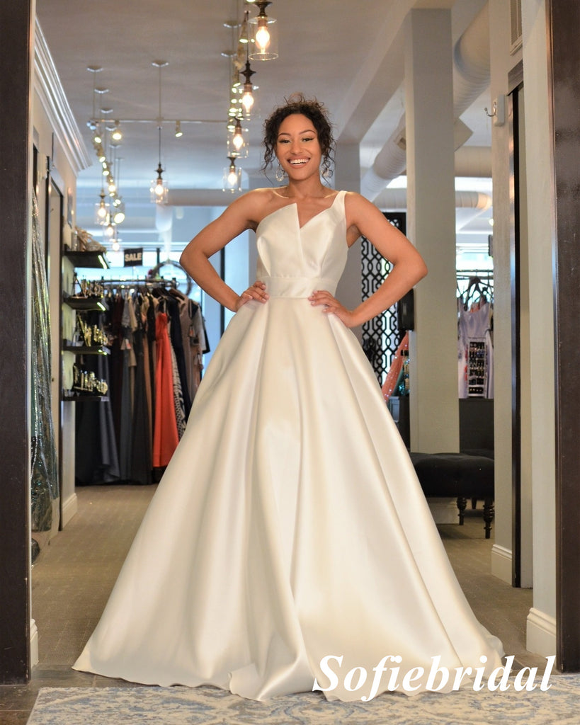 Sexy White Satin One Shoulder A-Line Long Prom Dresses, PD0937