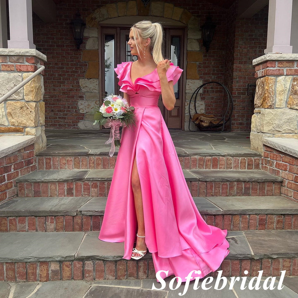 Sexy Satin Spaghetti Straps V-Neck Sleeveless Side Slit A-Line Long Prom Dresses, PD0923