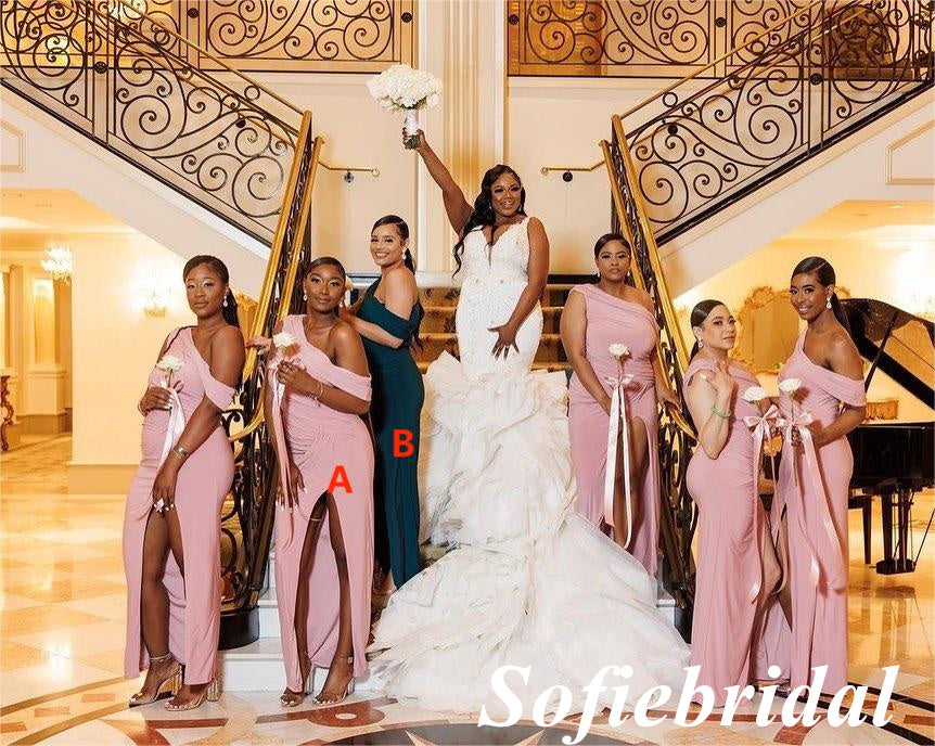 Sexy Stretchy Jersey Mismatched Sleeveless Side Slit Mermaid Floor Length Bridesmaid Dresses, SFWG00512