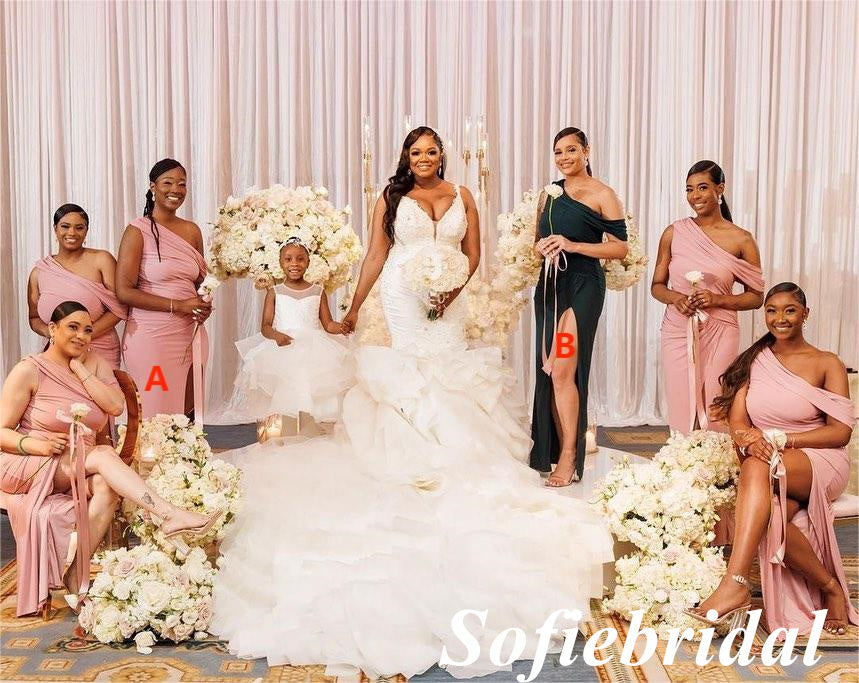 Sexy Stretchy Jersey Mismatched Sleeveless Side Slit Mermaid Floor Length Bridesmaid Dresses, SFWG00512