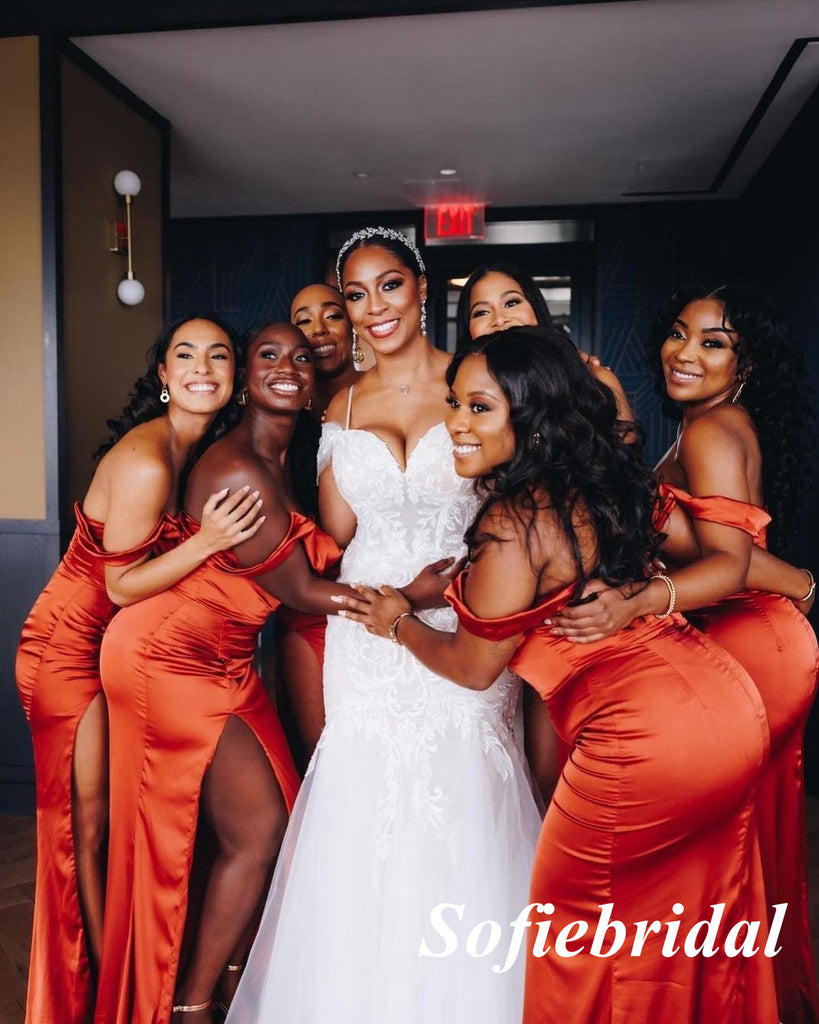 Sexy Soft Satin Off Shoulder Sleeveless Side Slit Mermaid Floor Length Bridesmaid Dresses, SFWG00510