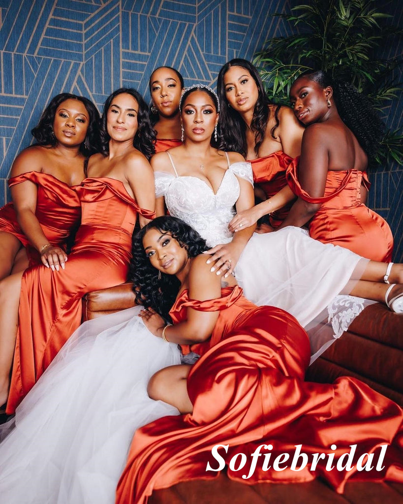 Sexy Soft Satin Off Shoulder Sleeveless Side Slit Mermaid Floor Length Bridesmaid Dresses, SFWG00510