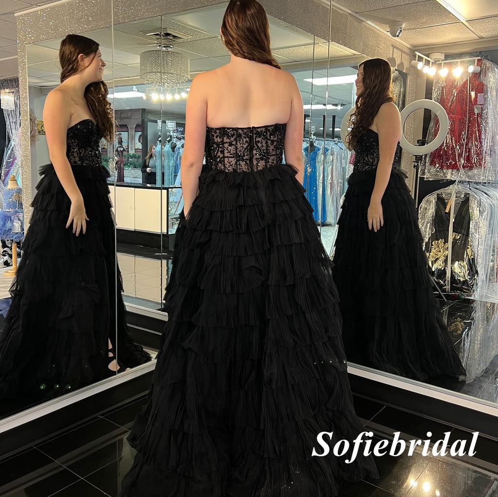 Sexy Black Sweetheart Side Slit A-Line Long Prom Dresses, PD0951