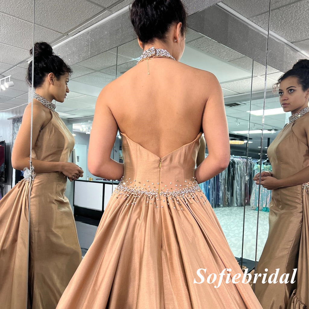 Elegant Satin Halter Gown Long Prom Dresses, PD0954