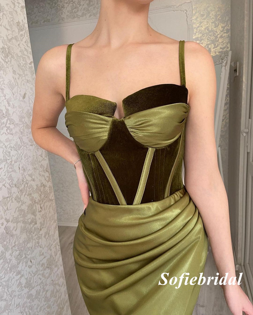 Sexy Soft Satin And Velvet Spaghetti Straps  Side Slit Mermaid Long Prom Dresses, PD0946