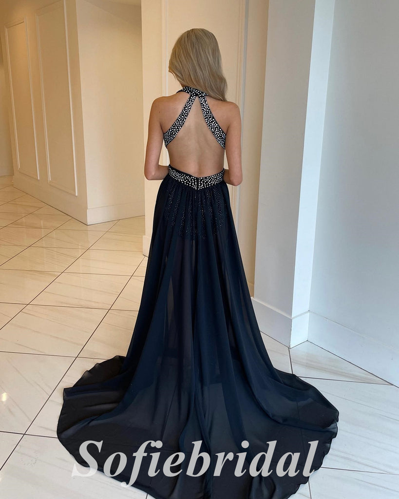 Sexy Chiffon Halter V-Neck Open Back Side Slit A-Line Long Prom Dresses, PD0880