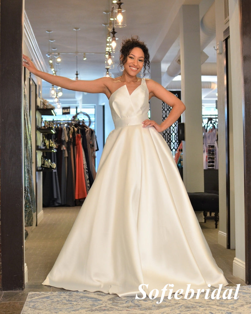 Sexy White Satin One Shoulder A-Line Long Prom Dresses, PD0937