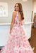 Sweet Floral Tulle Spaghetti Straps V-Neck Sleeveless Side Slit A-Line Floor Length Prom Dress, PD01060