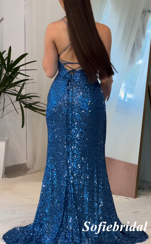 Sexy Royal Blue Sequin Spaghetti Straps Sleeveless Side Slit Mermaid Floor Length Prom Dress, PD01079