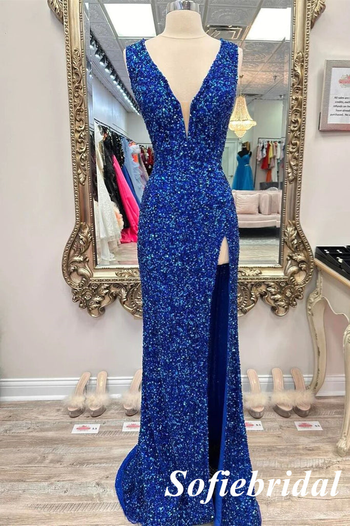 Sexy Sequin Spaghetti Straps V-Neck Lace Up Back Side Slit Mermaid Long Prom Dresses, PD0974