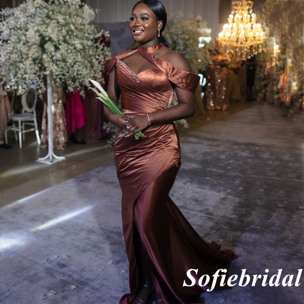 Elegant Soft Satin V-Neck Sleeveless Lace Up Back Side Slit Mermaid Floor Length Bridesmaid Dresses With Beading, SFWG00521