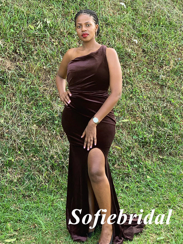 Sexy Velvet One Shoulder Sleeveless Side Slit Mermaid Floor Length Bridesmaid Dresses, SFWG00601